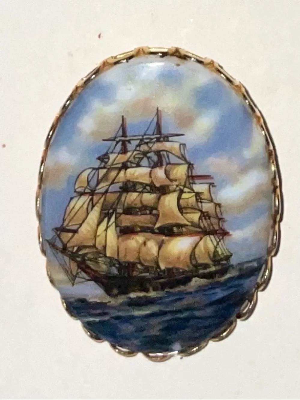 Vintage Hand-Painted Nautical Sailing boat Ship Oval Enamel Cabochon Brooch Pin